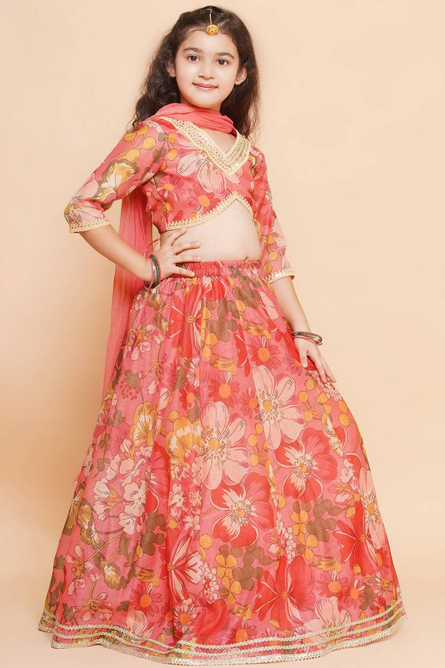Girl's Yellow Floral Printed Silk Lehenga