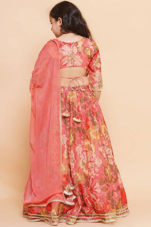 Girl's Yellow Floral Printed Silk Lehenga
