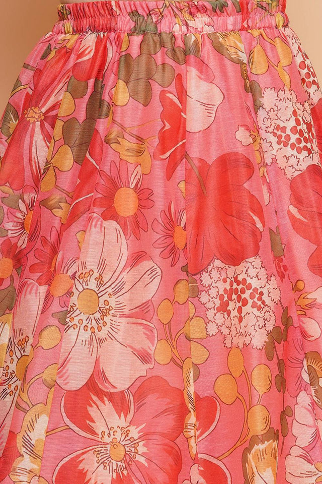 Girl's Yellow Floral Printed Silk Lehenga