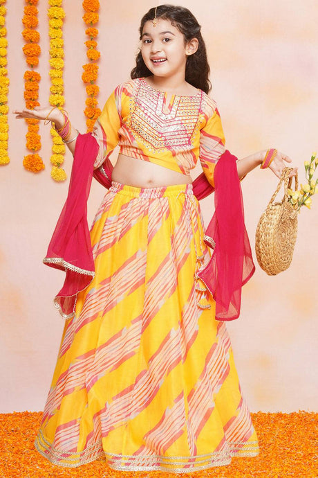 Girl's Pink Leheriya Printed Silk Lehenga