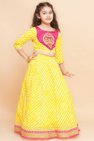 Girl's Yellow Floral Printed Cotton Lehenga