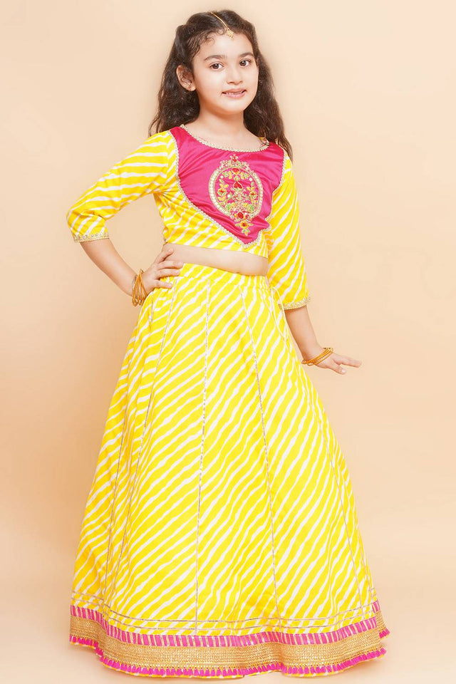 Girl's Yellow Floral Printed Cotton Lehenga