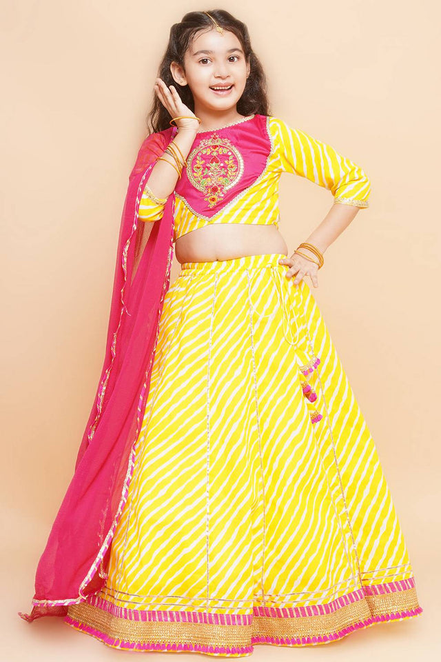 Girl's Yellow Floral Printed Cotton Lehenga