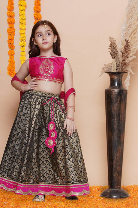 Girl's Pink Foil Printed Silk Lehenga