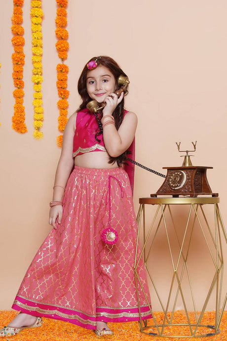Girl's Pink Foil Printed Silk Lehenga