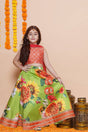 Girl's Orange Floral Printed Silk Lehenga
