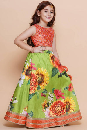 Girl's Orange Floral Printed Silk Lehenga