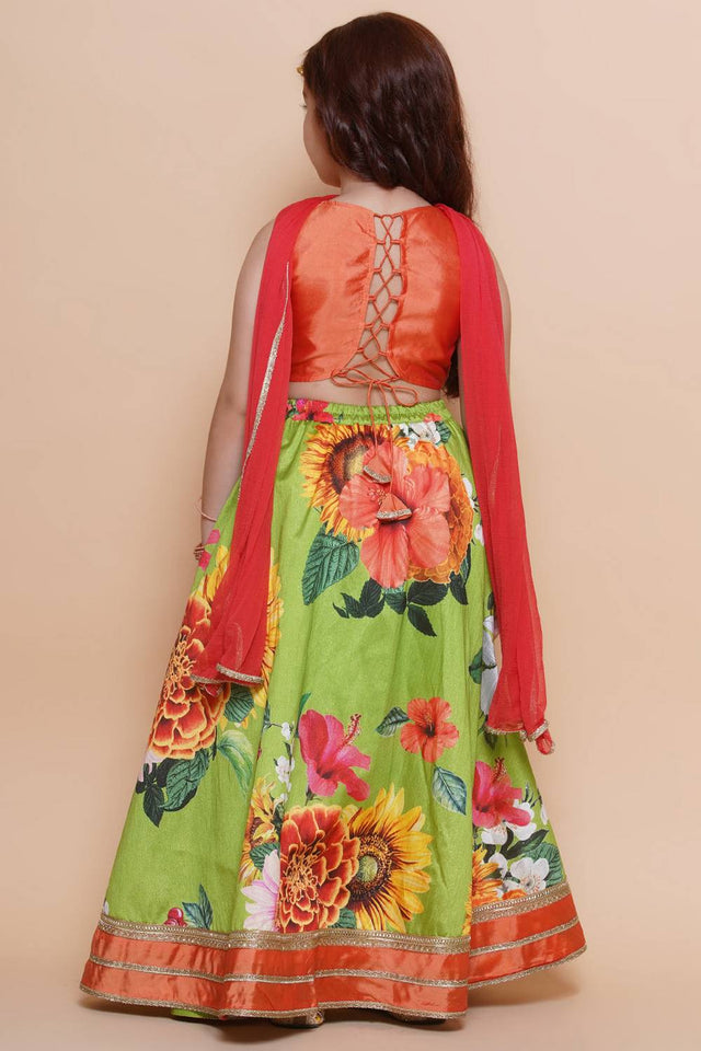 Girl's Orange Floral Printed Silk Lehenga