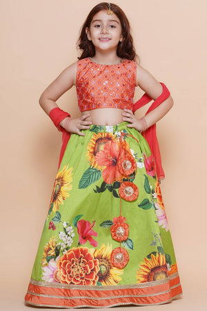 Girl's Orange Floral Printed Silk Lehenga
