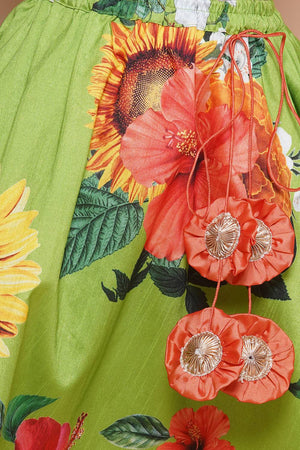 Girl's Orange Floral Printed Silk Lehenga