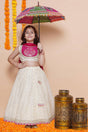 Girl's White Woven Silk Lehenga