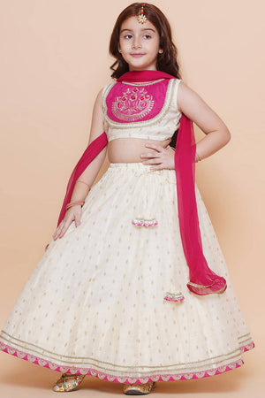 Girl's White Woven Silk Lehenga