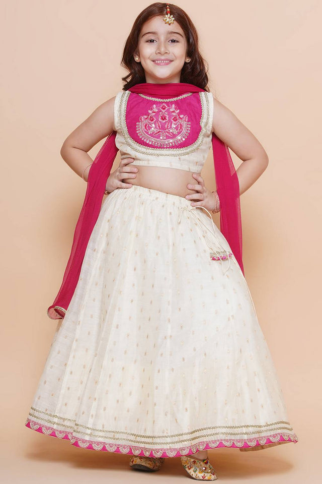 Girl's White Woven Silk Lehenga