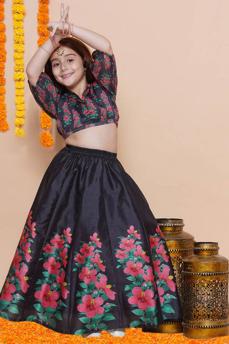 Girl's Pink Floral Printed Silk Lehenga