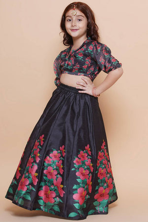 Girl's Pink Floral Printed Silk Lehenga