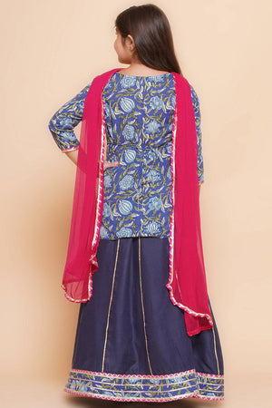 Girl's Navy Blue Lace Work Cotton Lehenga