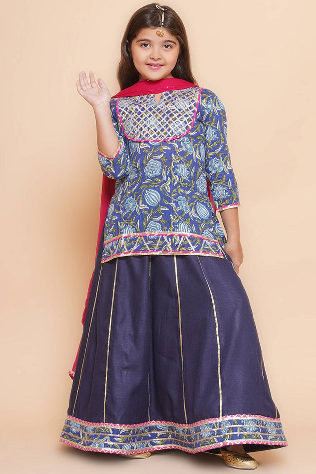 Girl's Navy Blue Lace Work Cotton Lehenga