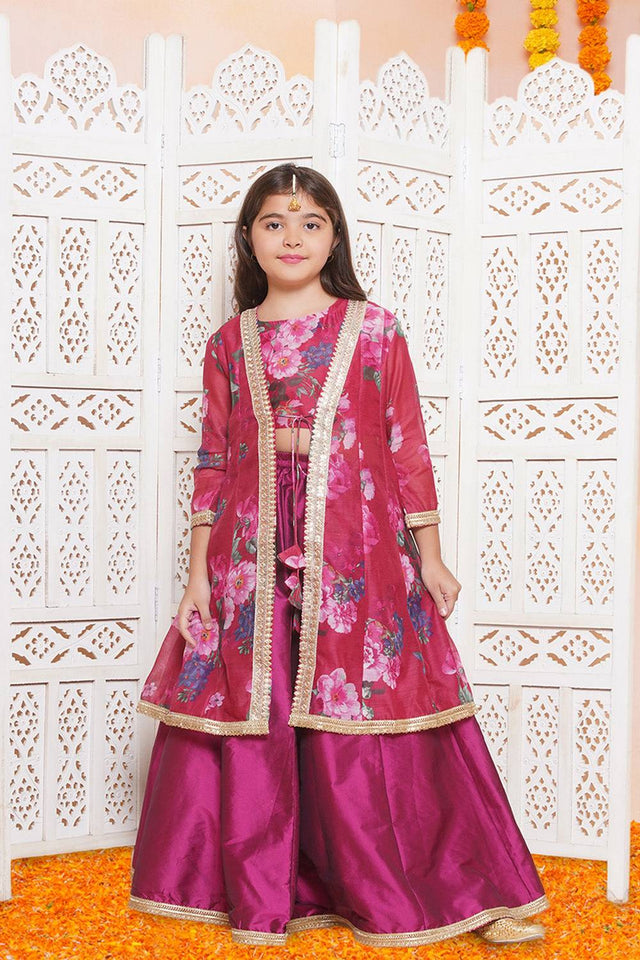 Girl's Maroon Floral Printed Silk Lehenga