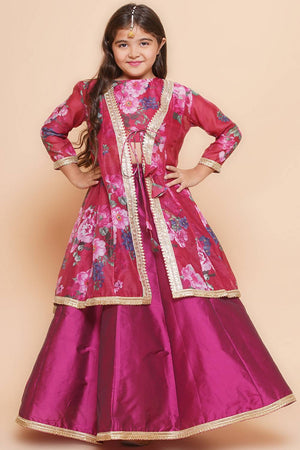 Girl's Maroon Floral Printed Silk Lehenga