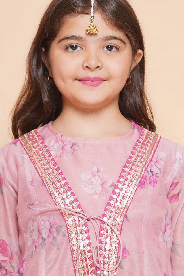 Girl's Pink Floral Printed Silk Lehenga