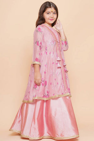 Girl's Pink Floral Printed Silk Lehenga