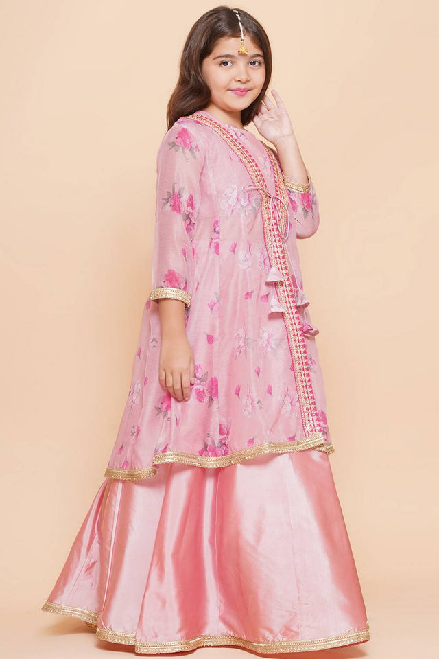 Girl's Pink Floral Printed Silk Lehenga