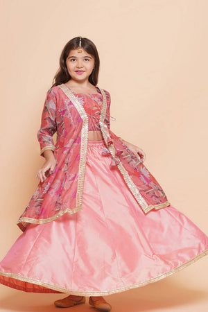 Girl's Peach Floral Printed Silk Lehenga
