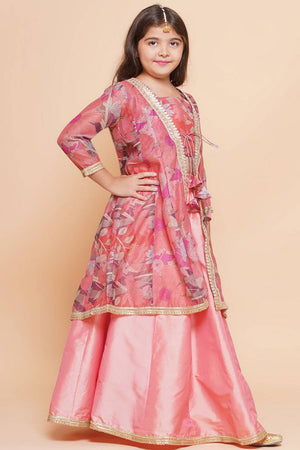 Girl's Peach Floral Printed Silk Lehenga