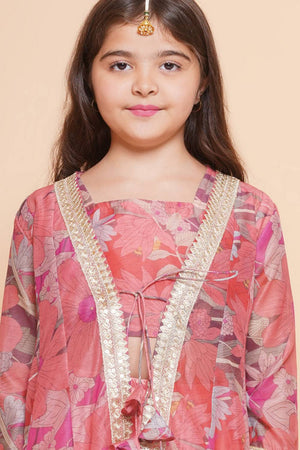 Girl's Peach Floral Printed Silk Lehenga