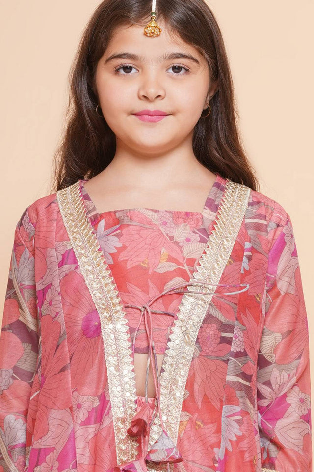 Girl's Peach Floral Printed Silk Lehenga