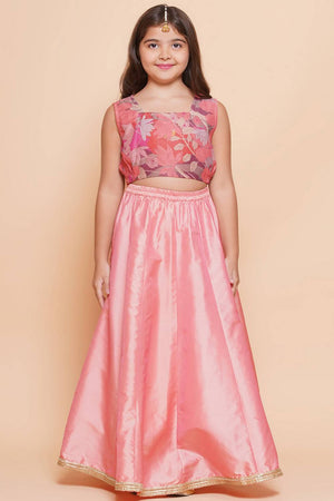 Girl's Peach Floral Printed Silk Lehenga