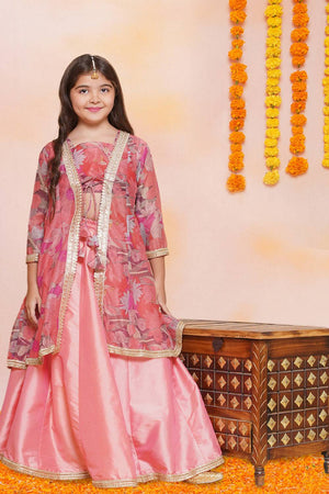 Girl's Peach Floral Printed Silk Lehenga