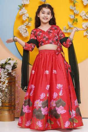 Girl's Red Floral Printed Silk Lehenga