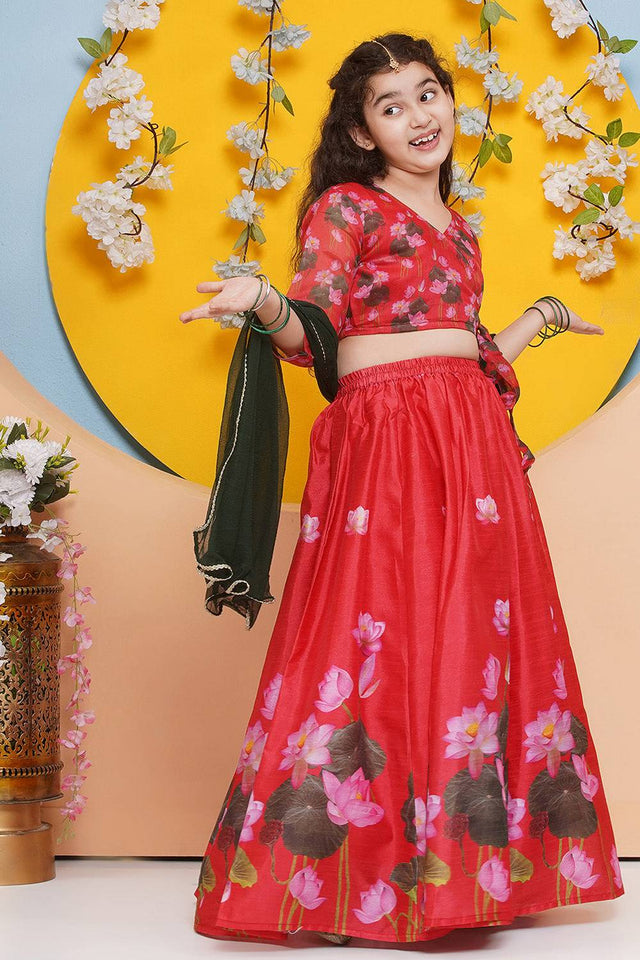Girl's Red Floral Printed Silk Lehenga