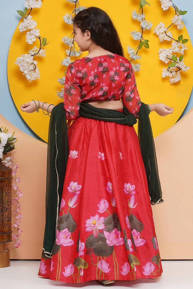 Girl's Red Floral Printed Silk Lehenga