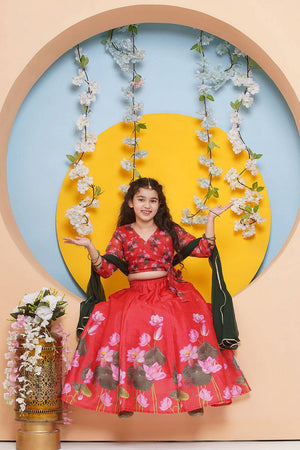 Girl's Red Floral Printed Silk Lehenga