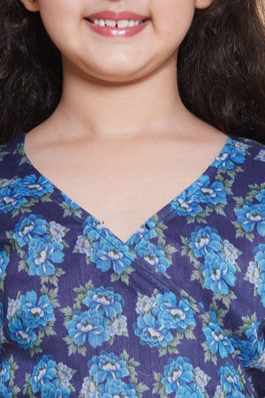 Girl's Navy Blue Floral Printed Silk Lehenga