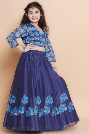 Girl's Navy Blue Floral Printed Silk Lehenga