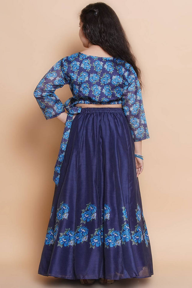 Girl's Navy Blue Floral Printed Silk Lehenga
