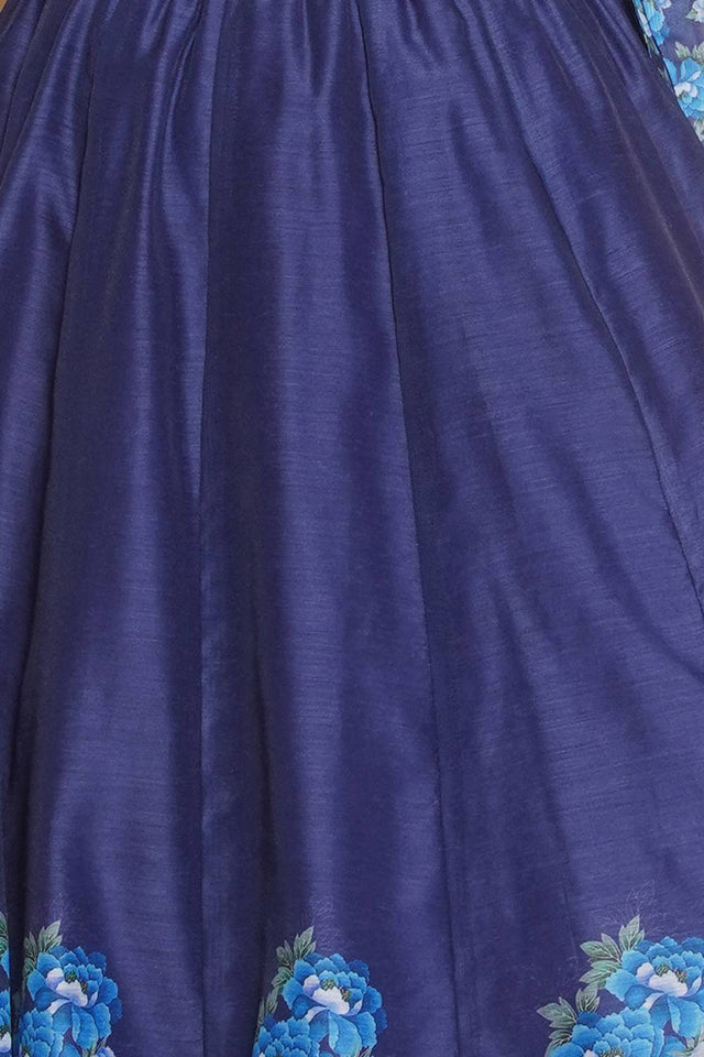 Girl's Navy Blue Floral Printed Silk Lehenga