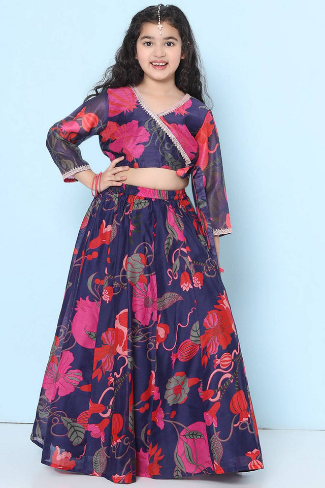 Girl's Violet Floral Printed Silk Lehenga