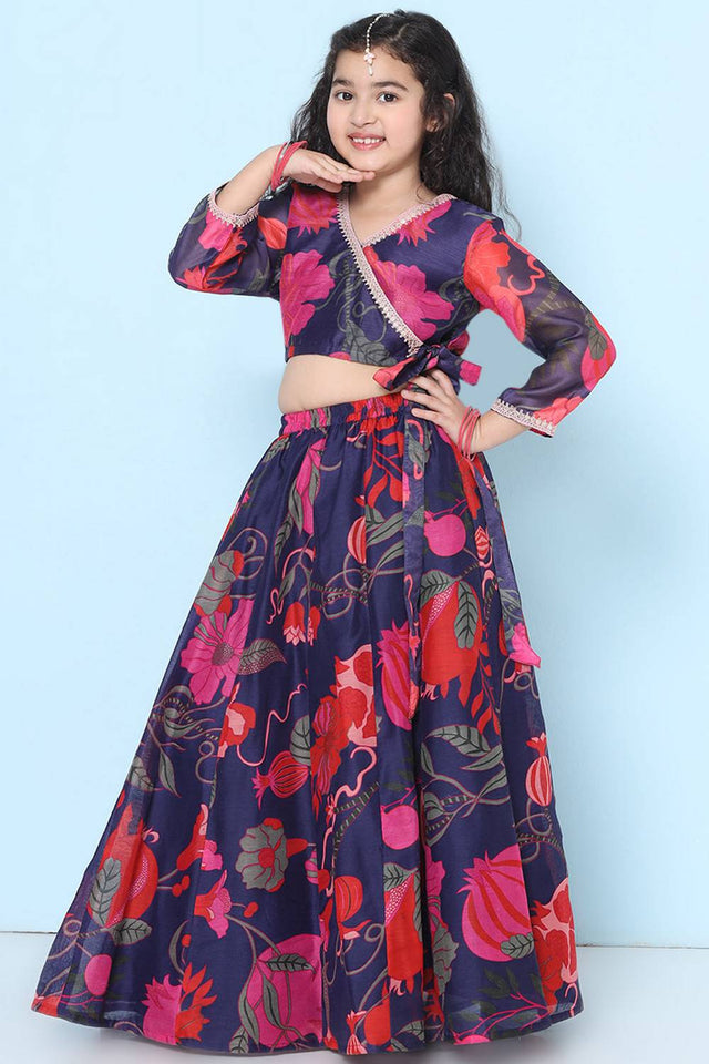 Girl's Violet Floral Printed Silk Lehenga