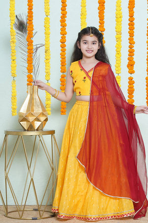 Girl's Yellow Floral Printed Silk Lehenga