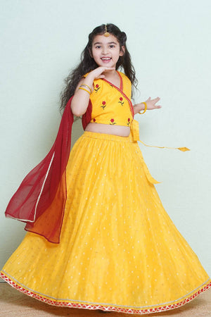Girl's Yellow Floral Printed Silk Lehenga