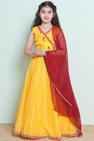 Girl's Yellow Floral Printed Silk Lehenga