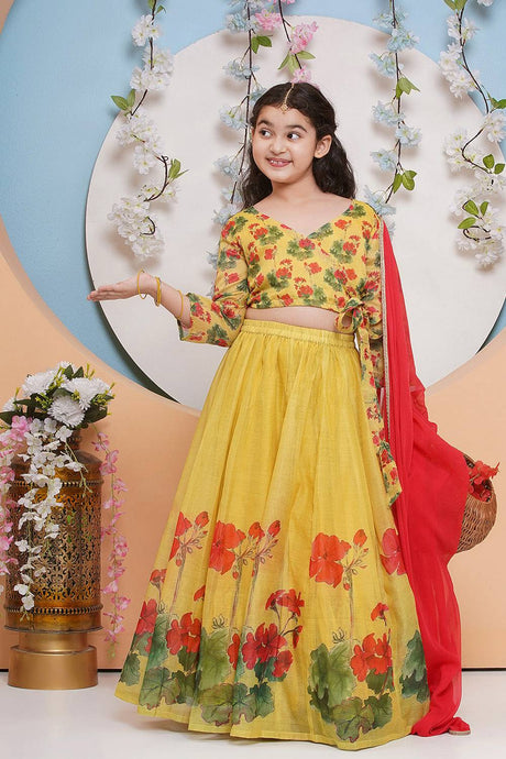 Girl's Yellow Floral Printed Silk Lehenga