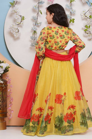 Girl's Yellow Floral Printed Silk Lehenga