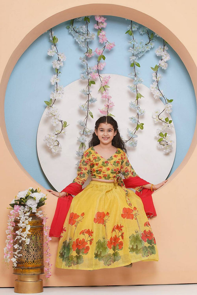 Girl's Yellow Floral Printed Silk Lehenga