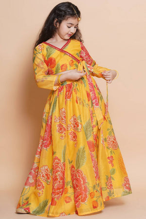 Girl's Yellow Floral Printed Silk Lehenga