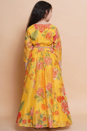 Girl's Yellow Floral Printed Silk Lehenga